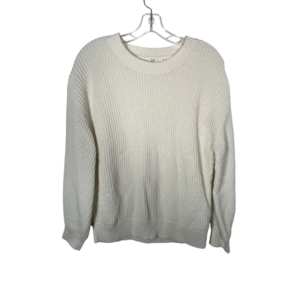 GAP Shaker Stitch Crewneck Sweater Cream Off White Ribbed Knit Minimalist Size M